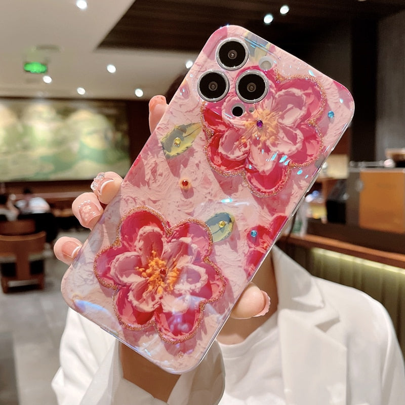 Flowers Glitter Diamond Laser iPhone Case